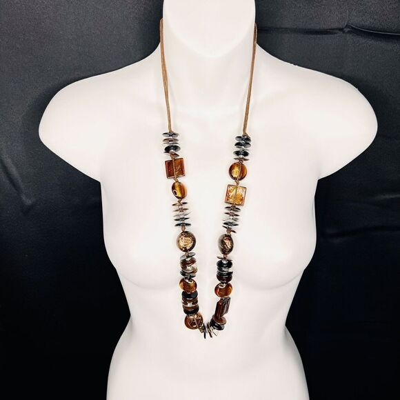 Vintage Chunky Necklace Glass Lucite Cord Beaded Statement Beads Earth Tone 4363 - Picture 6 of 8